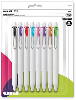 uniball® uniONE Gel Pen Retractable, Medium 0.7 mm, Assorted Inspirational Ink and Barrel Colors, 8/Pack