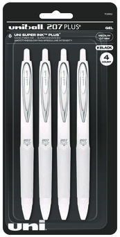 uniball® 207 Plus+ Retractable Gel Pen Medium 0.7 mm, Black Ink, White Barrel, 4/Pack