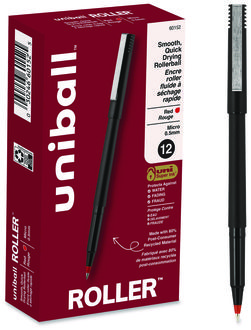 uniball® Roller Ball Stick Pen Rollerball Extra-Fine 0.5 mm, Red Ink, Black/Red Barrel, Dozen