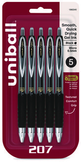 uniball® Signo 207 Retractable Gel Pen Fine 0.5 mm, Black Ink, Smoke/Black Barrel, 5/Pack