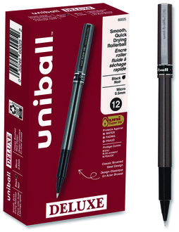 uniball® Deluxe Stick Roller Ball Pen Rollerball Extra-Fine 0.5 mm, Black Ink, Metallic Gray/Black Barrel, Dozen