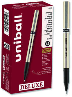 uniball® Deluxe Stick Roller Ball Pen Rollerball Fine 0.7 mm, Black Ink, Champagne/Black Barrel, Dozen
