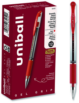 uniball® Signo GRIP™ Stick Gel Pen Medium 0.7 mm, Red Ink, Clear/Red/Silver Barrel, Dozen