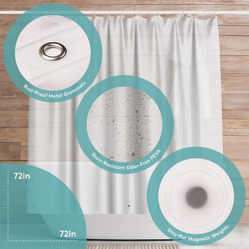 PEVA Shower Curtain Liner with Rustproof Metal Grommet and 3 Magnetic Weights. 72 X 72 in. Clear.