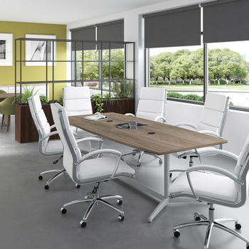 BBF Conference Tables, 96W x 42D Boat Top Conference Table w Metal Base, Modern Hickory