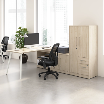 Vista, 72W x 30D Return Desk with 60W Low Storage and Wardrobe Storage, Natural Elm