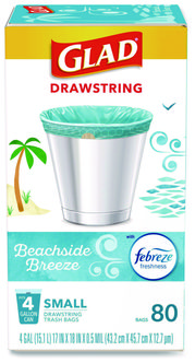 Glad® OdorShield® Small Drawstring Trash Bags. 0.5 mil. 18 X 17 in. 4 gal. Blue. Beachside Breeze scent. 80/box.