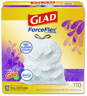Glad® ForceFlex™ Tall Kitchen Drawstring Trash Bags 13 gal, Gain Lavender with Febreze Freshness, 10.18 x 9.81, White, 110/Box