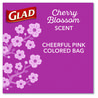 A Picture of product CLO-79274 Glad® OdorShield® Small Drawstring Trash Bags. 0.5 mil. 18 X 17 in. 4 gal. Pink. Cherry Blossom scent. 34/box.
