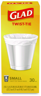 Glad® Small Twist-Tie Trash Bags. 0.74 mil. 4 gal. 23 X 21.63 in. White. 30/box.