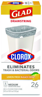 Glad® Medium Drawstring Trash Bags with Clorox. 0.74 mil. 8 gal. 23 X 21.63 in. Gray. Lemon Fresh Bleach scent. 26 bags/box.