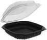 A Picture of product VND-4690911 Anchor Packaging Culinary Lites® Hinged Clamshell Containers. 1-Compartment. 38 oz. 9 X 9 X 3.07 in. Black and Clear. 120/case.