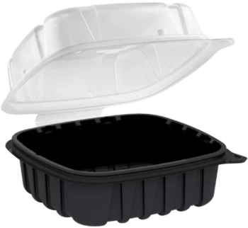 Anchor Packaging Culinary Basics® Hinged Clamshell Containers. 1-Compartment. 18 oz. 6.36 X 6.18 X 2.96 in. Black and Clear. 420/case.