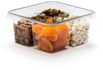 BOTTLEBOX® Four-Quad Snack Combo Containers. 6.00 X 6.00 X 2.60 in. Clear. 300/case.