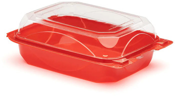 BOTTLEBOX® Hinged Take-Out Containers. 6 X 8 in. Cherry Red/Clear. 250/case.