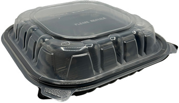 PP Hinged Container Black/Clear Lid 9" x 9" x 3" , 1 Comp , Vented 2 / 75 cs.  150 per case.