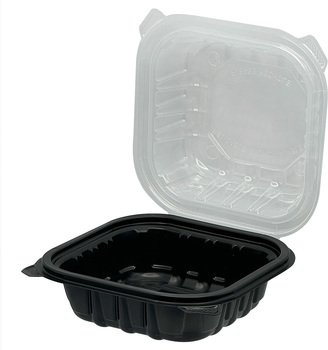 PP Hinged Container Black/Clear Lid 6" x 6" x 3.25" , Vented 12 / 25 cs.  300 per case