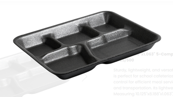 Ecopax 5-Compartment Serving School Lunch Foam Tray. 10.125 X 8.188 X 1.063 in. Black. 125 trays/sleeve, 4 sleeves/case.