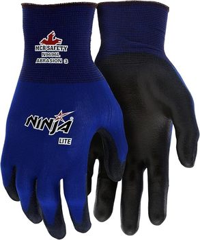MCR Safety Gloves N9696XL Ninja Lite Work Gloves 18 Gauge Blue Nylon Shell Polyurethane (PU) Coated Palm and Fingertips, Black/Blue, X-Large