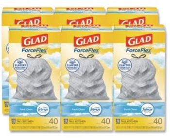 Glad® OdorShield® Tall Kitchen Drawstring Bags. .95 mils. 13 gal. Fresh Clean scent. White. 6 Boxes.