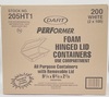 A Picture of product 217-205 Foam Hinged Lid Container with Perforated Removable Lid.  Single Compartment.  9.3" x 6.4" x 2.9".  100 Containers/Sleeve.