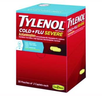 Tylenol® Cold + Flu Severe Caplets. 2/pack, 30 packs/box.