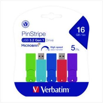 Verbatim® PinStripe USB 3.0 Flash Drive. 16 GB. Assorted Colors. 5/pack.