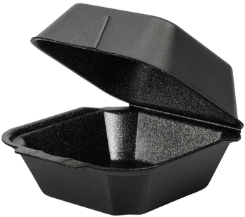Ecopax Ceres Plain 1-Compartment Non-Vented Foam Hinged Containers. 5.63 X 5.75 X 3.25 in. Black. 125/sleeve, 4 sleeves/case.