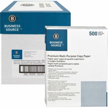 Business Source Acid-Free Premium Multipurpose Copy Paper. 20 lb. 92 brightness. 8 1/2 X 11 in. White. 500 sheets/ream, 5 reams/carton.