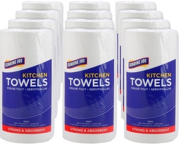 Genuine Joe Kitchen Roll Towels. 2-Ply. 11 X 8.5 in. White. 250 sheets/roll, 12 rolls/carton.