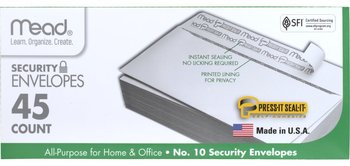 Mead #10 Press-It Seal-It® Security Envelopes. 20 lb. 4 1/8 X 9 1/2 in. 45 each/box.