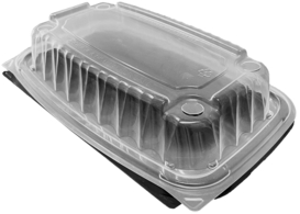 EcoView 1-Compartment Hinged Container with Vented Lid. 9.76 X 6.54 X 3.31 in. Black and Clear. 280/case.