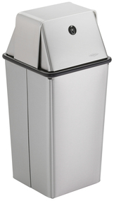 Floor-Standing Waste Receptacle with Top. Satin-finish stainless steel. 13 gal capacity. 13 3/8" x 13 3/8" at top, 29 1⁄2" high.