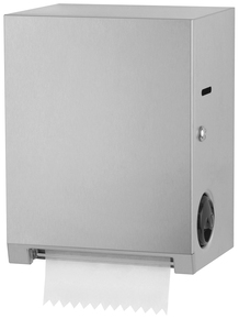 Surface-Mounted Roll Towel Dispenser. Satin-finish stainless steel. Touch free, pull towel mechanism. 11 3⁄4" W x 15" H x 9" D.