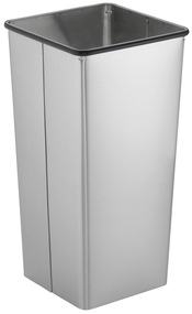Floor Standing Waste Receptacle with Open Top. 21 gallon. Satin Finish Stainless Steel. 14" x 14" at top, 30" H. Vinyl wall bumper, rubber feet.