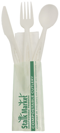 Planet Plus Wrapped CPLA Leaf Style Cutlery Kits with Fork, Spoon, Knife, and Napkin. 6.5 in. White. 250/case.