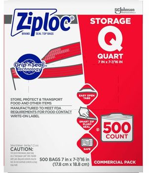 Ziplock Double Zipper Food Storage Bags. Quart Size. 7 X 7.75 in. Clear. 500/box.