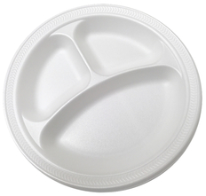 Ecopax Apollo Institutional 3-Compartment Foam Plates. 9 in. 125 plates/sleeve, 4 sleeves/case.